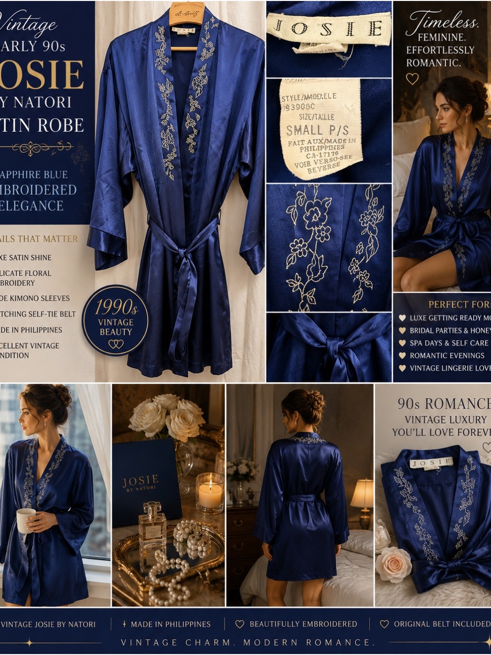 VTG 90s Josie Satin Robe S Sapphire Blue Embroidered Kimono Belted Lingerie EUC